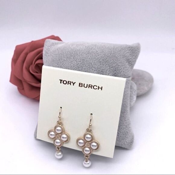New Tory Burch Gold Four Pearl French Wire Dangle Earrings - Picture 2 of 8